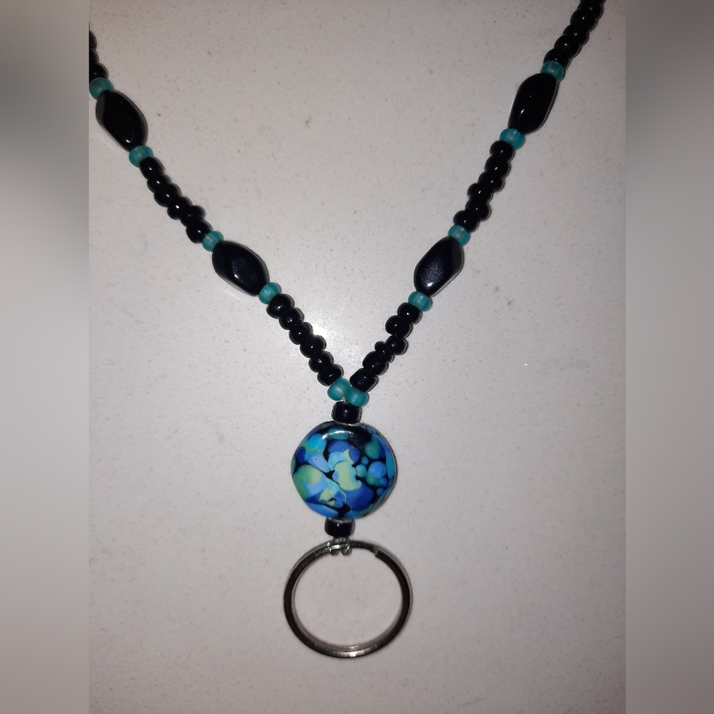 $ Handcrafted Beaded Lanyard Black & Blue Glass Beads Colors of the Sea and Sky